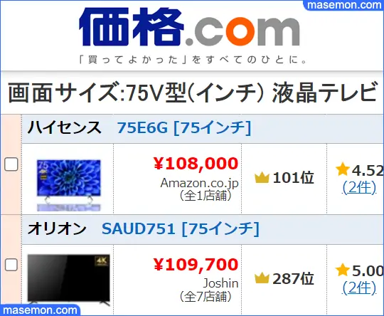最新 75インチテレビの最安値価格